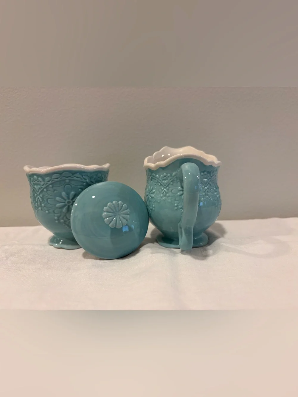 Pier 1 Imports Lacy Aqua Blue Sugar Bowl w/Lid & Creamer Discontinued Excellent!